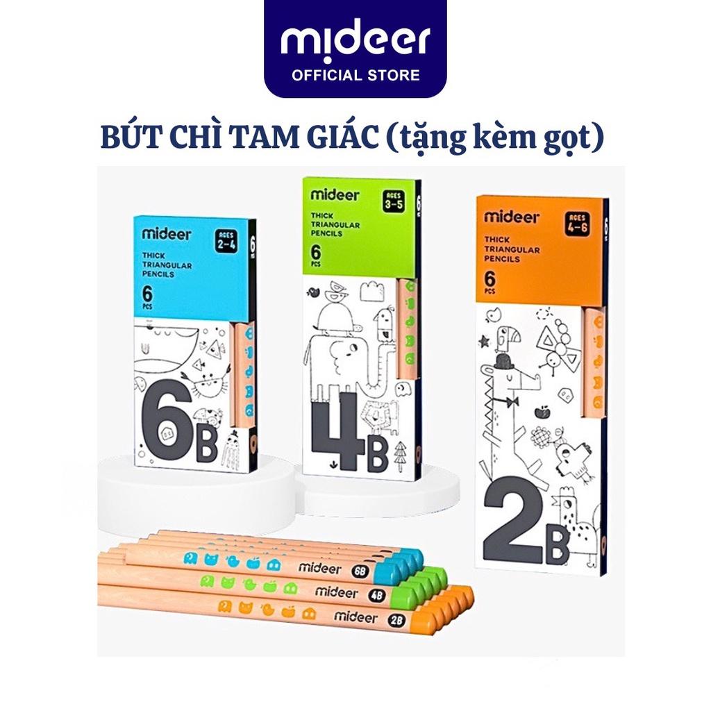 Bộ bút Chì 2B 4B 6B hộp 6 bút chì tặng kèm Gọt bút, Mideer Thick Triangular Pencils, Đồ dùng dụng cụ học tập cho bé