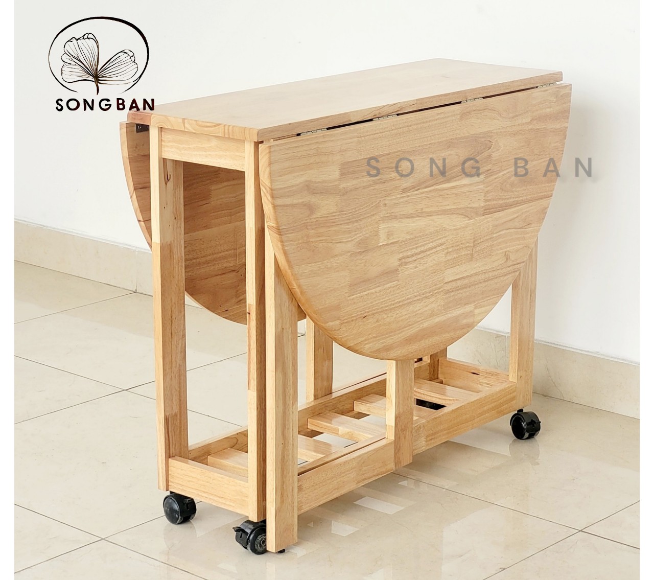 Bộ Bàn Ăn Gỗ Cao Su Xếp Chữ Nhật, Ovan 90x1m2 và 04 Ghế Gỗ Xếp Dày Dặn - Gỗ Song Bản