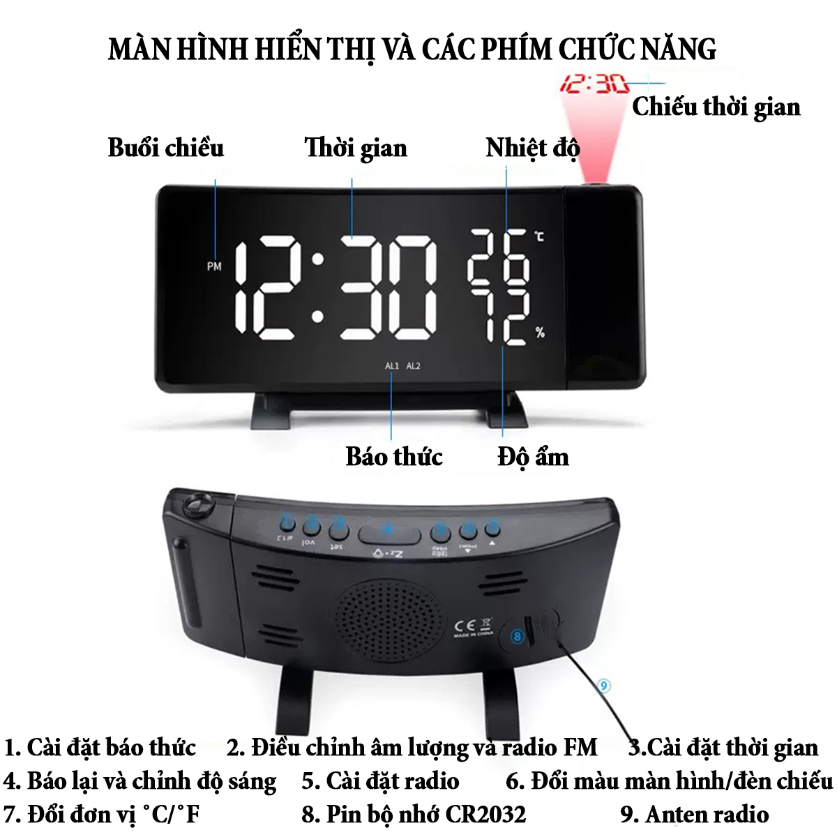 Đồng hồ để bàn kỹ thuật số Projection màn hình cong tích hợp nhiều chức năng với đèn led chiếu tường radio FM báo thức cổng USB kép