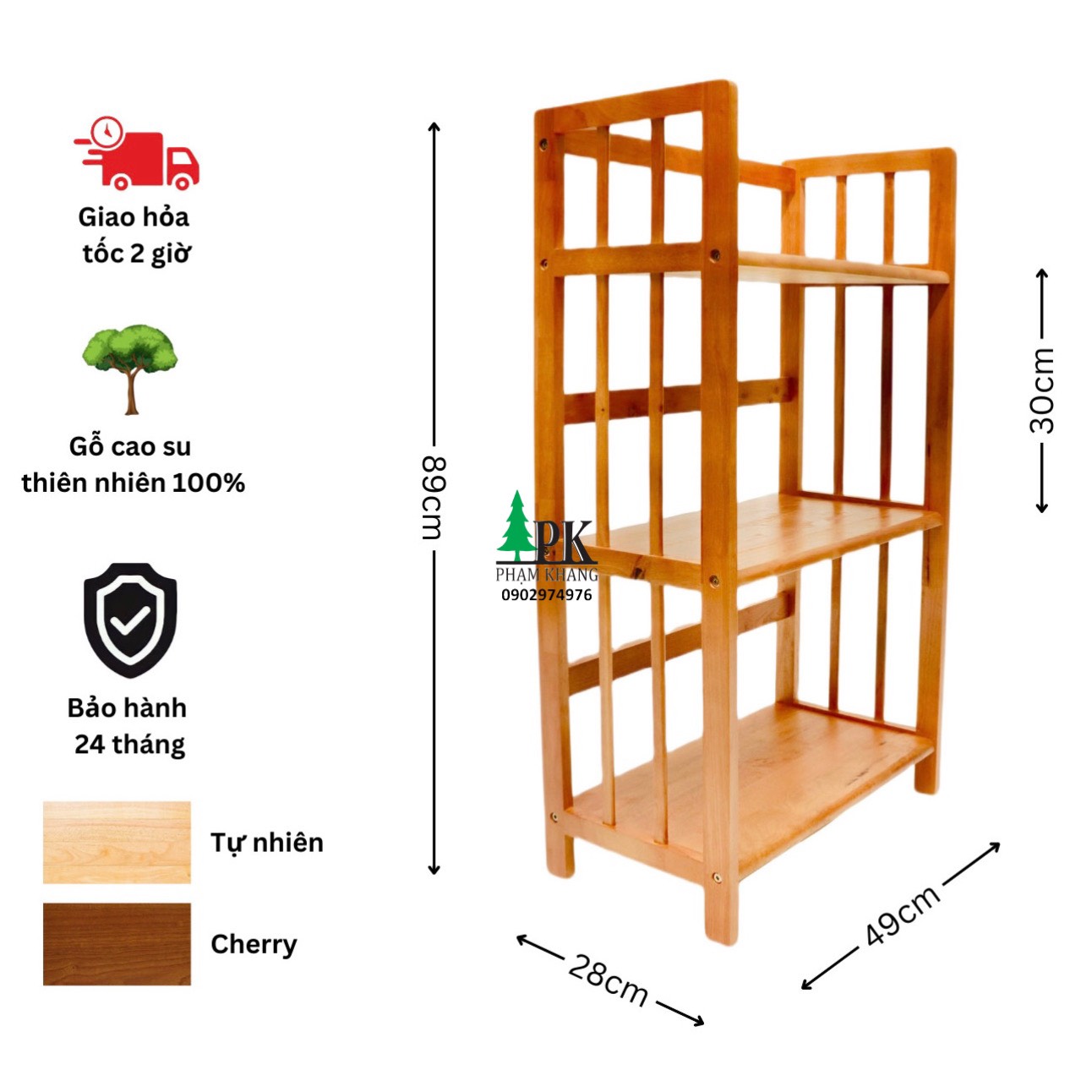 Kệ sách gỗ Phạm Khang 3 tầng rộng 50cm màu vàng cherry