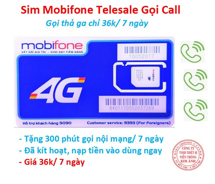 Sim Mobifone 4G dùng mãi mãi Telesale ưu đãi gọi 300 phút chỉ 36k, Hàng Chính Hãng