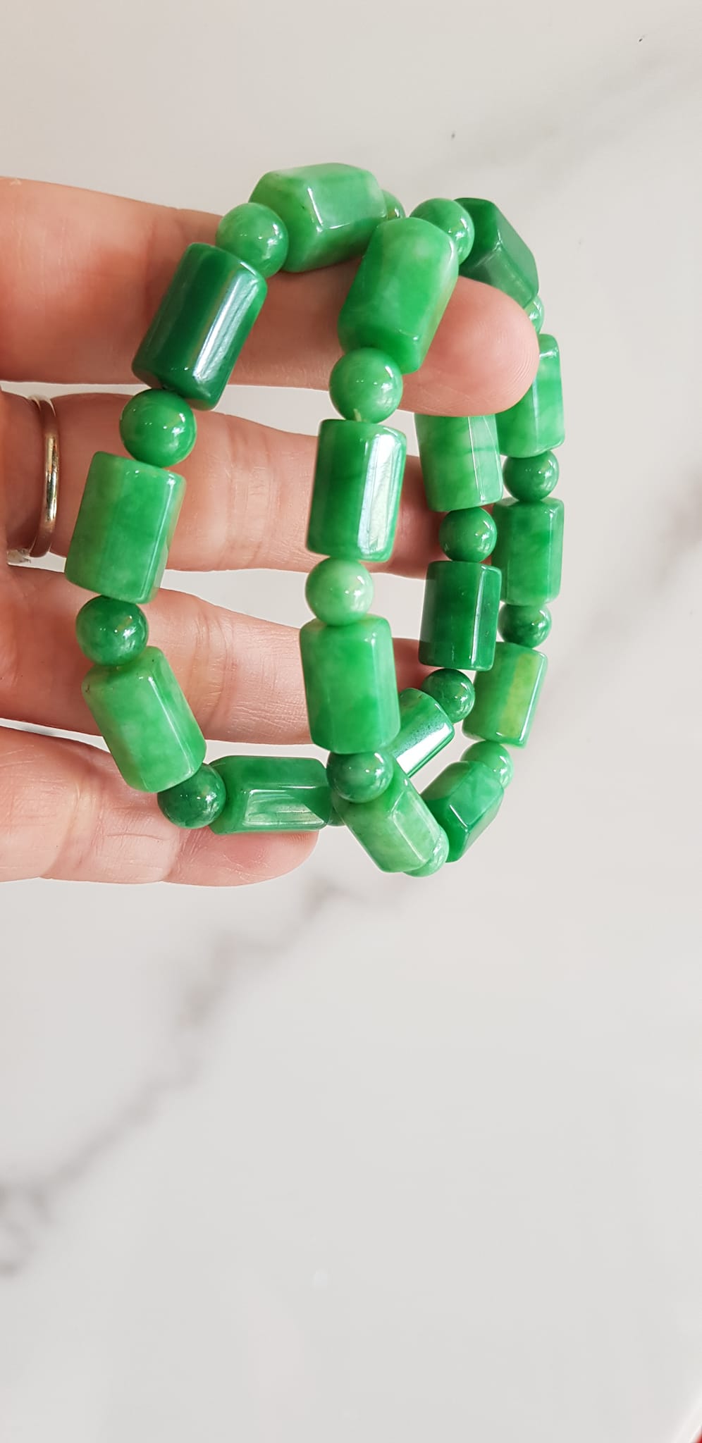 Vòng đeo tay nữ đá cẩm thạch xanh mix kiểu hạt ống vuông dài tròn size 10mm Nữ mệnh mộc hỏa thủy đeo xinh may mắn ạ
