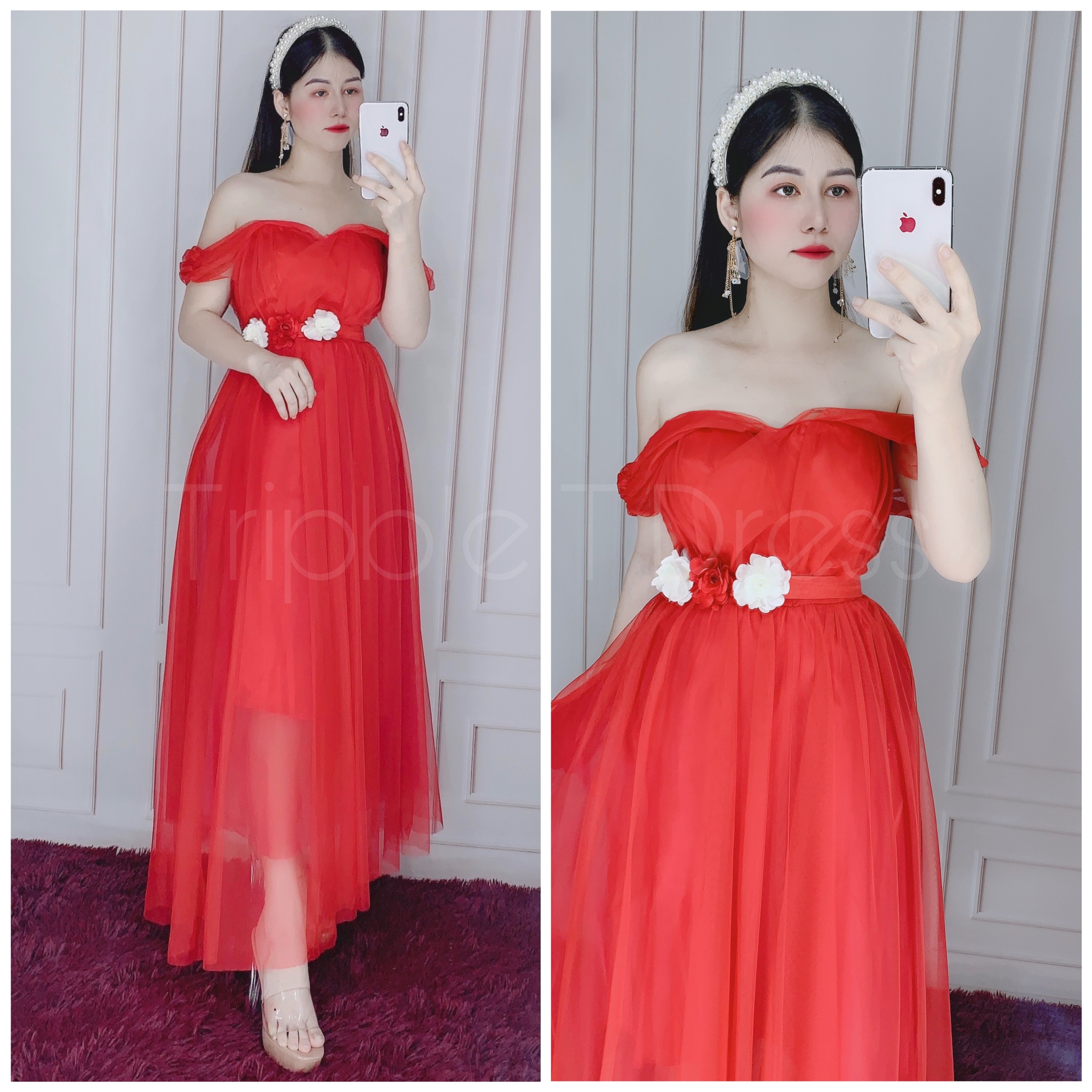 Đầm xoè dự tiệc rớt vai lưới siêu xinh TRIPBLE T DRESS -size L/XL - MS37V