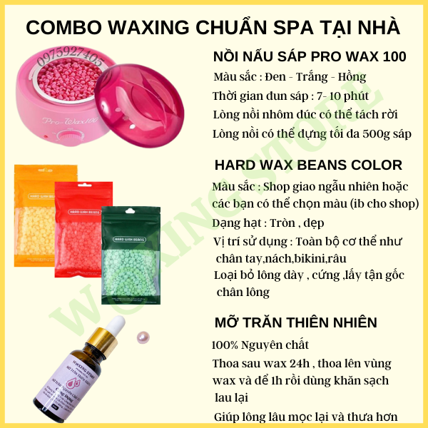 Combo Nồi Nấu Sáp Wax Lông Nóng Pro Wax 100,Sáp Wax Lông,Mỡ Trăn