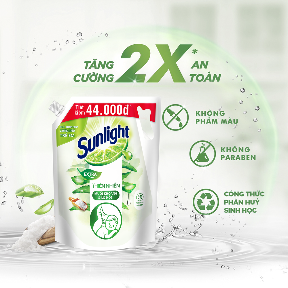 Nước rửa chén Sunlight Bio-care Thiên Nhiên 100% Gốc thực vật - Muối Khoáng Lô Hội Túi 3.3KG