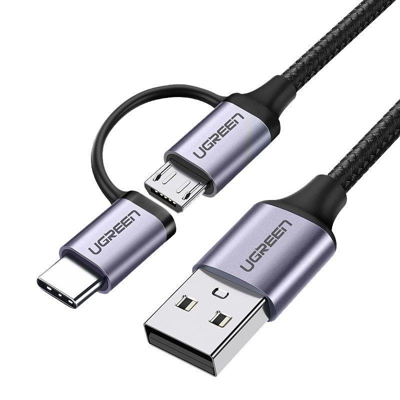 Ugreen UG30875US177TK 1m cáp USB A ra Micro + Type C màu đen dây bện dù đầu bọc nhôm - HÀNG CHÍNH HÃNG