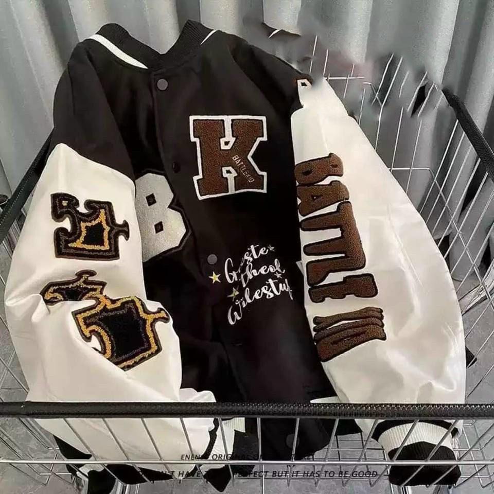 Áo Varsity Jacket - Áo Khoác Bomber Cardigan họa tiết chữ B.K phối bo Siêu Hot nam nữ mặc được