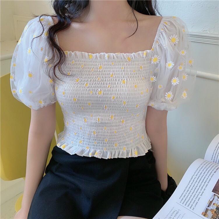 ÁO NHÚN IN HOA CÚC TAY NGẮN ( KÈM ẢNH THẬT )