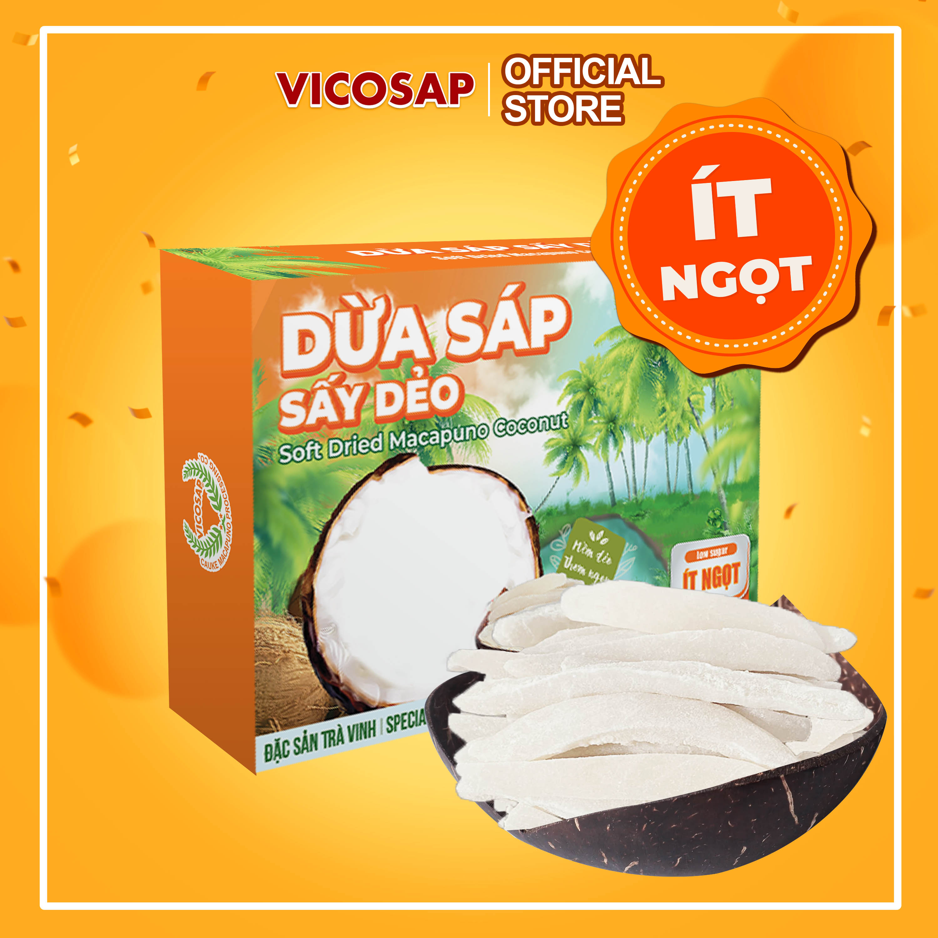 Dừa sáp sấy dẻo VICOSAP nguyên chất ít ngọt béo thơm đồ ăn vặt healthy đặc sản Trà Vinh