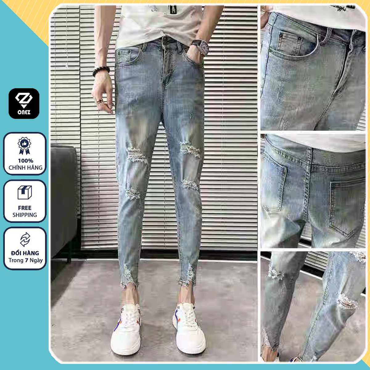 Quần Jean Nam ONEZ Phối Rách Cá Tính , Chất Chất jean co dãn Bền Màu QJ2