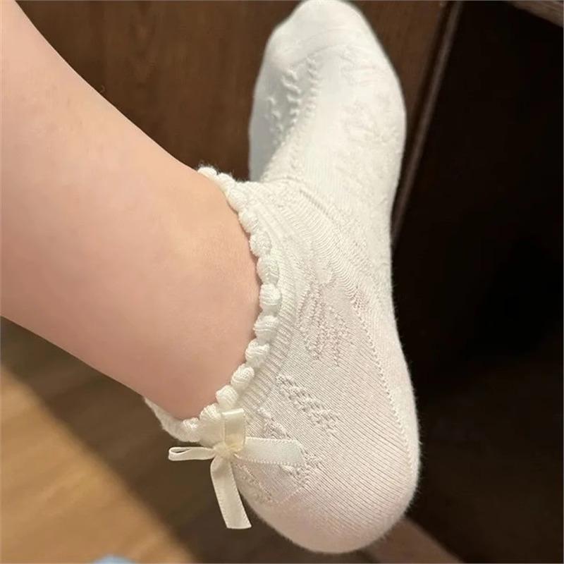 [Sỉ lẻ] TẤT DỆT KIM CỔ NGẮN CỔ SÓNG GÂN NƠ DẬP NỔI, phong cách Lolita Nhật Bản công chúa, vintage co giãn thoáng khí