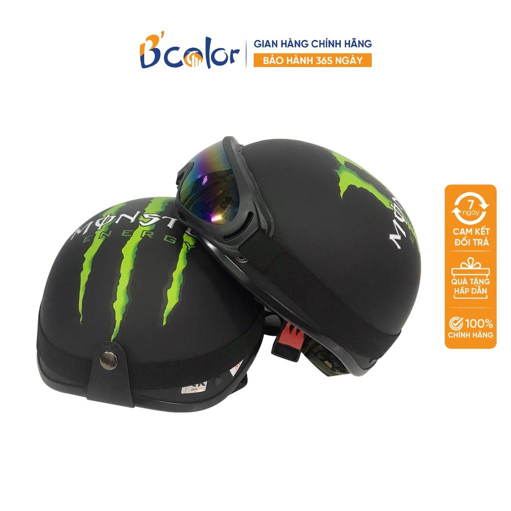 Mũ Bảo Hiểm B'color Loại Nửa Đầu Màu Đen Nhám Họa Tiết Monster Kèm Kính Thời Trang