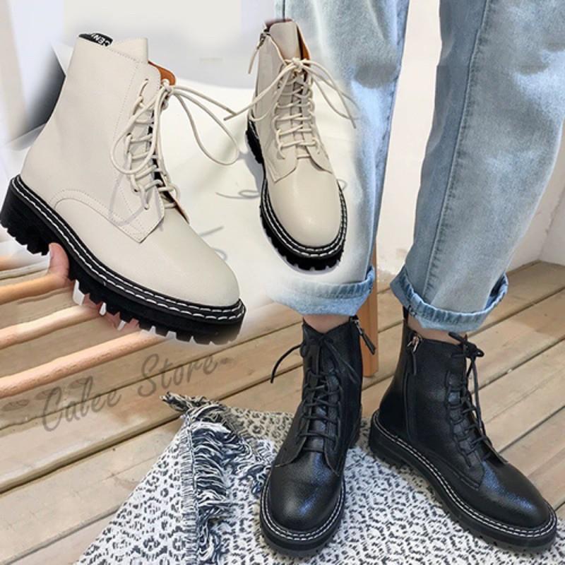 Boots dáng combat cổ ôm da mềm cao cấp màu đen và kem