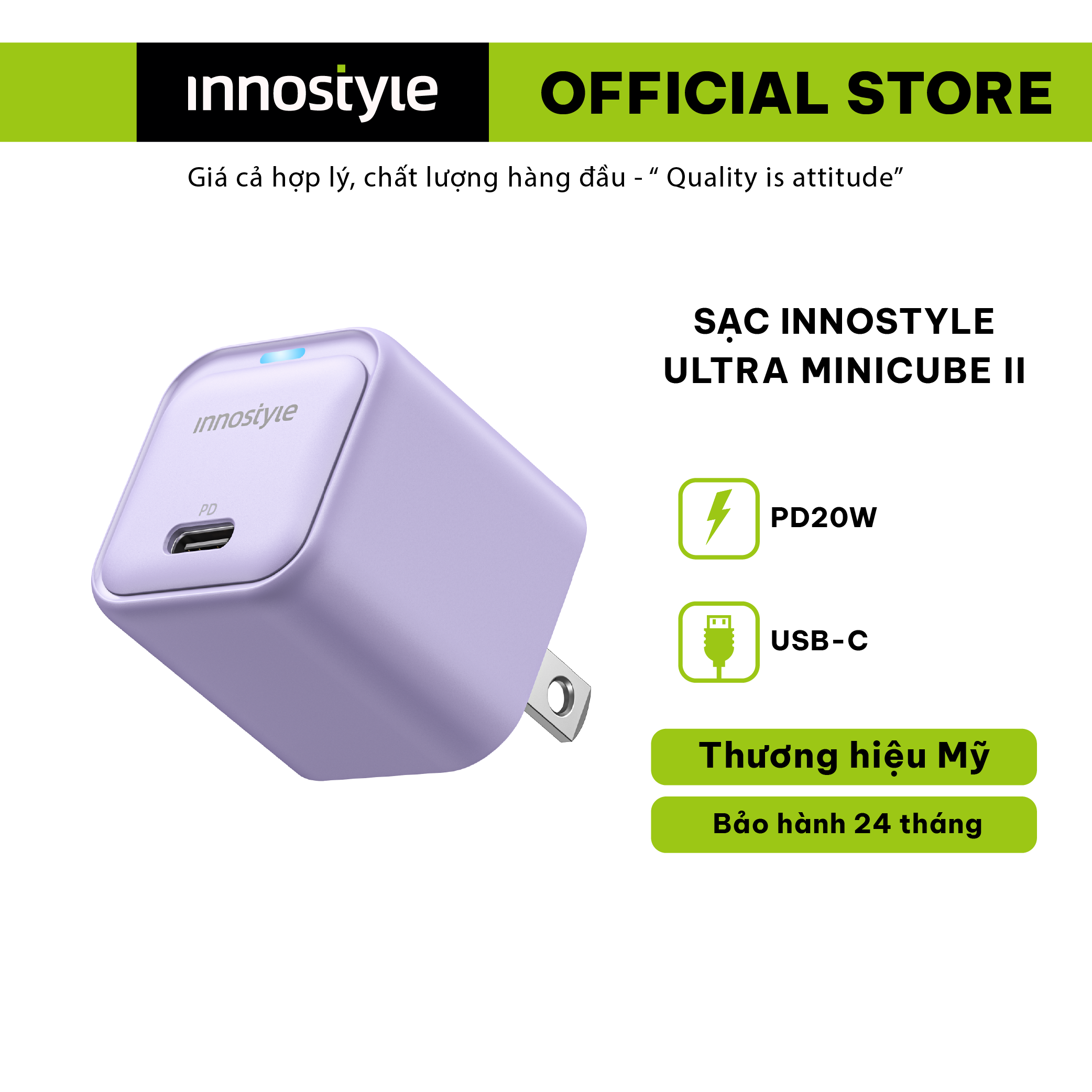 Củ sạc nhanh Innostyle Ultra Minicube II IMC20G2 - Công suất 20W, thiết kế siêu nhỏ - Hàng chính hãng