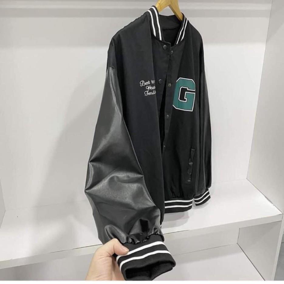 Áo khoác thu đông nam nữ kiểu bomber phối tay da chữ G cúc bấm trẻ trung cá tính/ Áo nỉ dáng rộng ulzzang siêu hàn quốc
