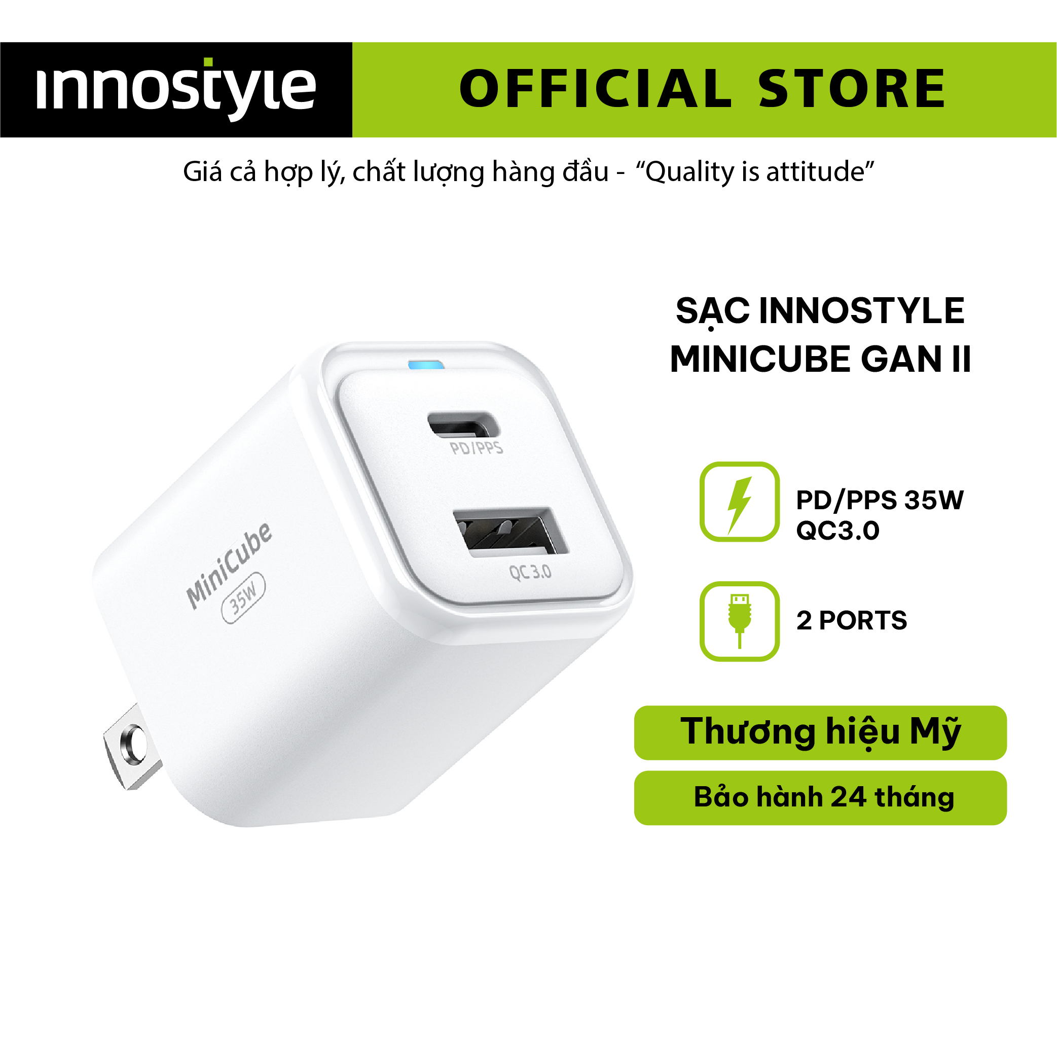 Hình ảnh SẠC NHANH CHO IPHONE 14 I 13 I 12 INNOSTYLE MINICUBE GAN II PD/PPS 35W 2 CỔNG - HÀNG CHÍNH HÃNG