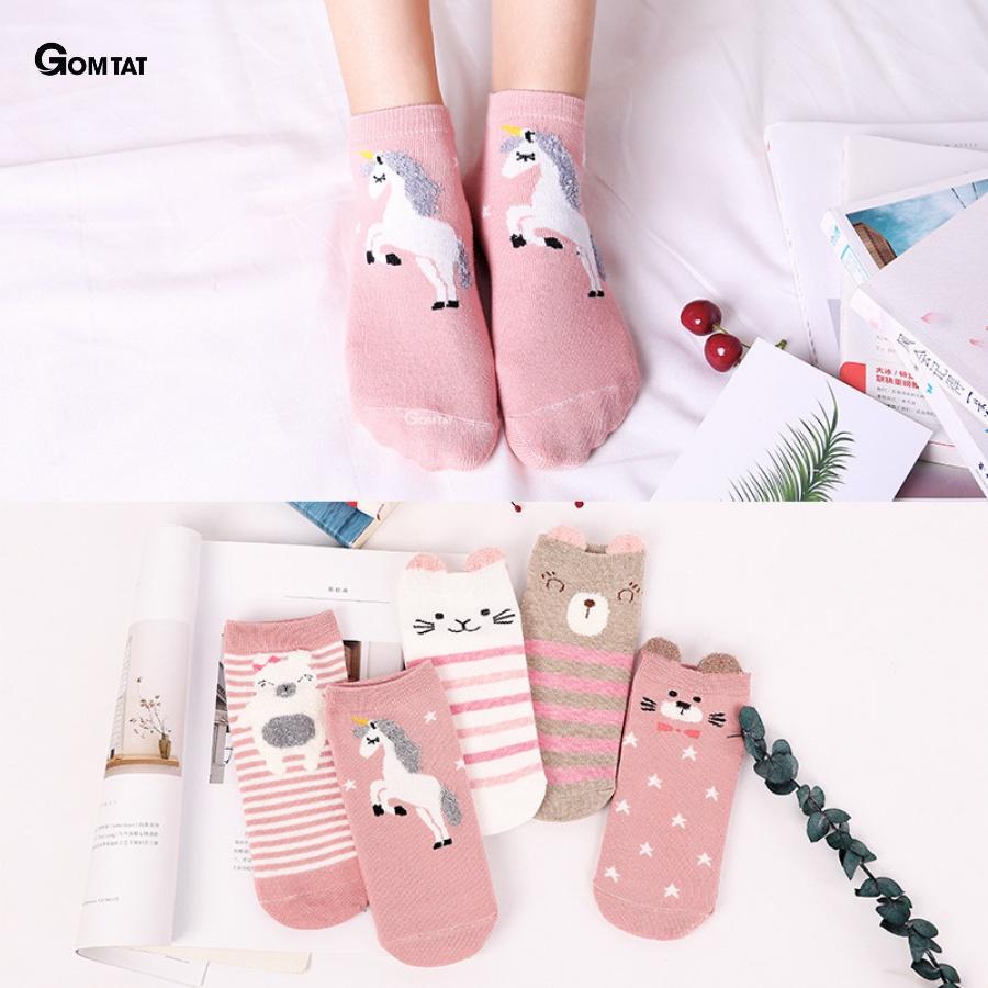 Tất Nữ Cổ Ngắn Tai Gấu Combo 5 Đôi, Vớ Nữ Cổ Ngắn Cotton dễ thương nhiều màu phong cách Hàn Quốc - LISU-TAIGAU-02