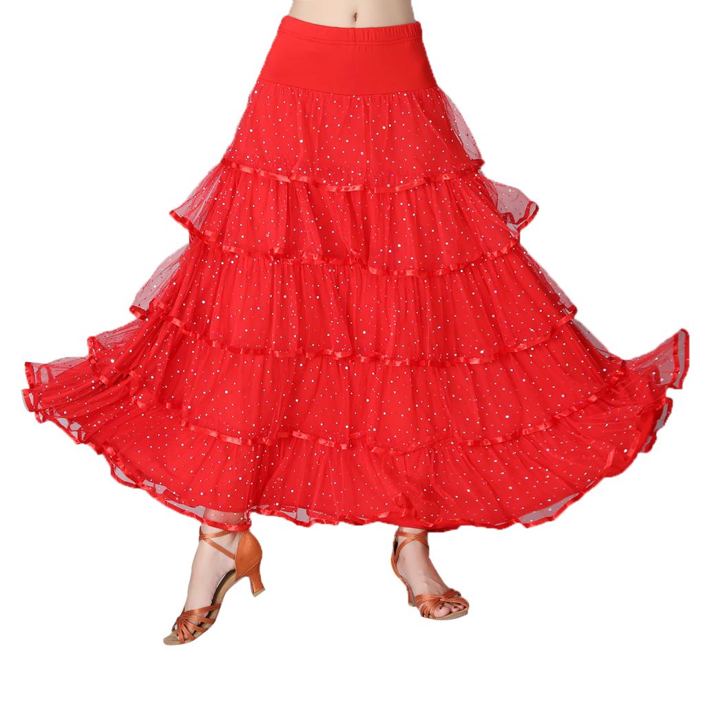 Womens Full Wing Flamenco Ballroom Modern Dance Skirt Full Swing Mesh Skirts