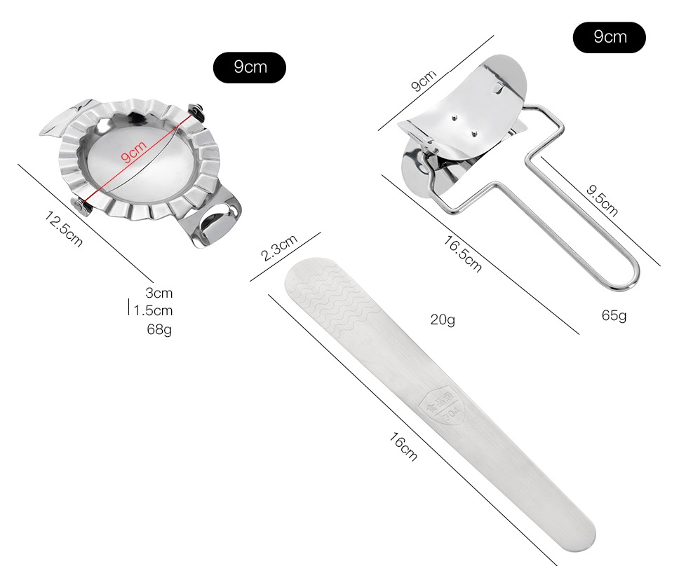 Set 3 Dụng Cụ Làm Bánh Xếp Inox 304 - ( Khuôn : 11.5cm ( ĐK : 8cm ) 57g ), ( DC Cắt Bột : 15.5x8cm, 59g ), ( Thanh inox : 16x2.3cm, 20g )