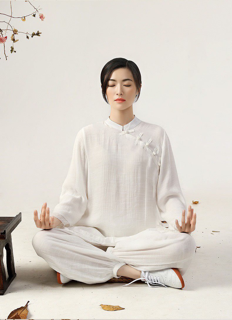 Đồ lam đi chùa, đồ thiền, yoga cao cấp - Bộ nữ cổ tàu ống bo màu trắng. Thiền Chay