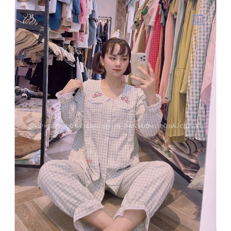 Bộ bầu và sau sinh dài tay kẻ, cổ sen ren siêu xinh, có khoá kéo cho bé ti