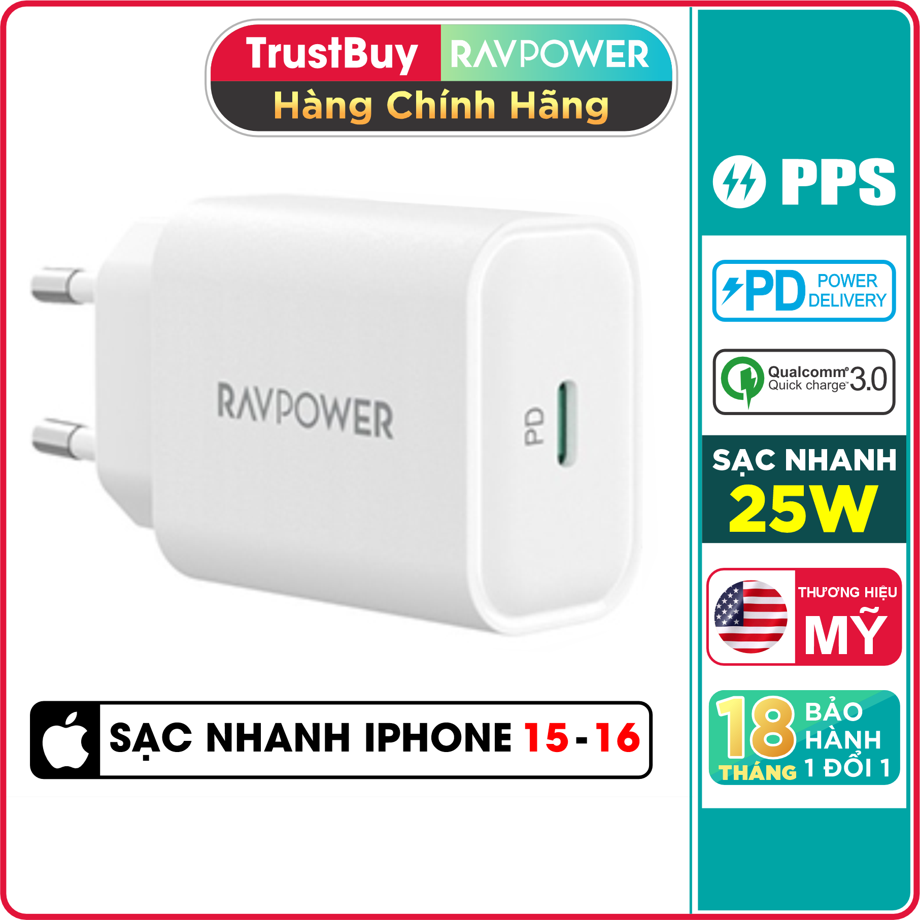Adapter Củ Sạc Nhanh Đến 25W Type C Pps Pd 3.0 Qc 3.0 Ravpower Rp - Pc156 Dành Cho Điện Thoại Samsung, Iphone, Ipad - Hàng Chính Hãng - Màu Trắng