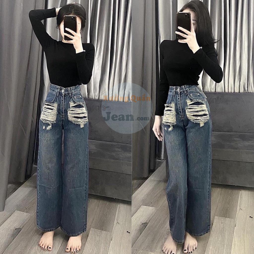 Quần Jeans Nữ Ống Rộng Cào Rách 2 Bên Túi, Quần Bò Ống Rộng Lưng Cao Siêu Phá Cách 2 Màu Xanh Đậm Và Nhạt 310