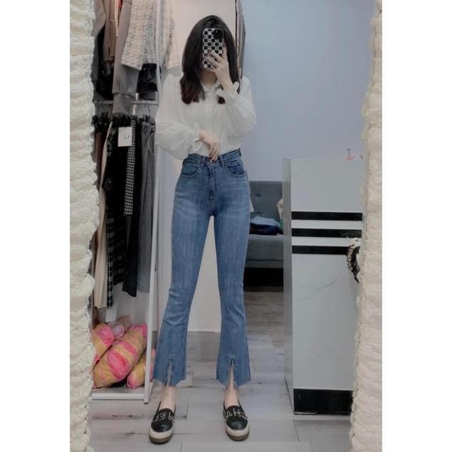 QUẦN JEANS XANH ĐEN ỐNG LOE XẺ GẤU