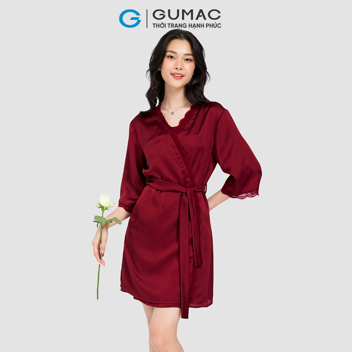 Áo khoác ngủ nữ GUMAC nhiều màu dáng dài buộc eo chất liệu lụa AC10059