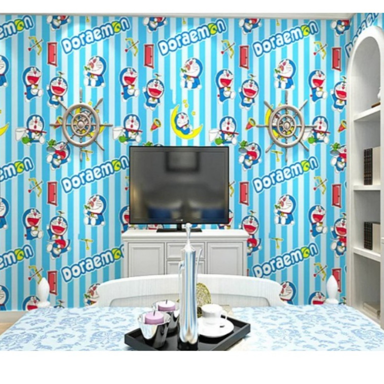 Cuộn 5m Decal Giấy Dán Tường DOREMON SỌC XANH