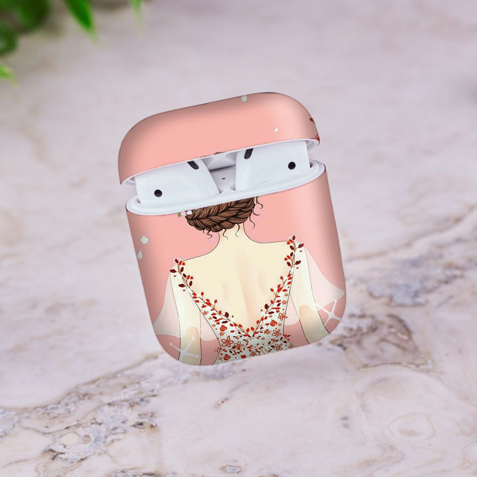 Miếng dán skin chống bẩn cho tai nghe AirPods in hình Cô gái váy hoa - Gin021 (bản không dây 1 và 2)