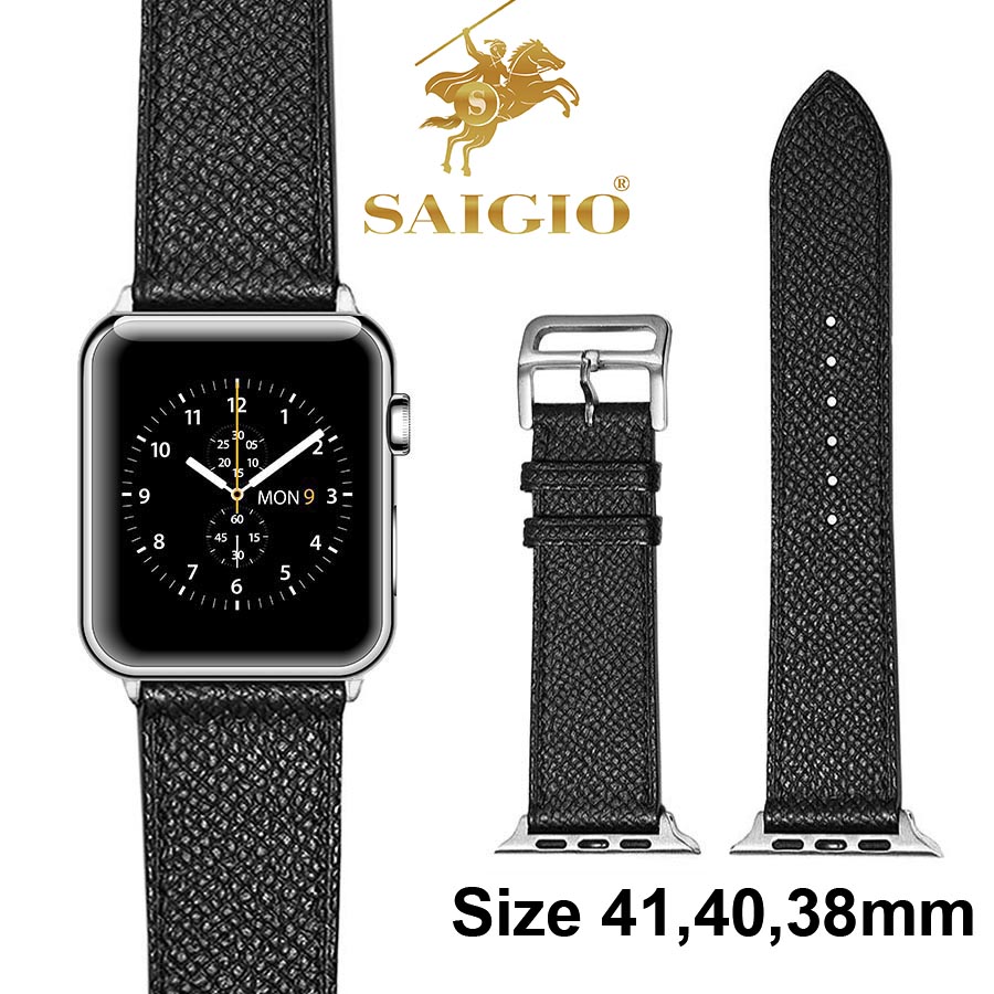 Dây Đồng Hồ Apple Watch 41mm 40mm 38mm, Chất Liệu Da Bê EPSOM Thảo Mộc Cao Cấp, Nhập Khẩu Từ Châu Âu, Dây Đeo Phong Cách Hiện Đại và Sang Trọng, Tương Thích Các Phiên Bản Series 8/7/6/5/4/3/2/1/SE/SE2 - Đen - ADAPTER BẠC