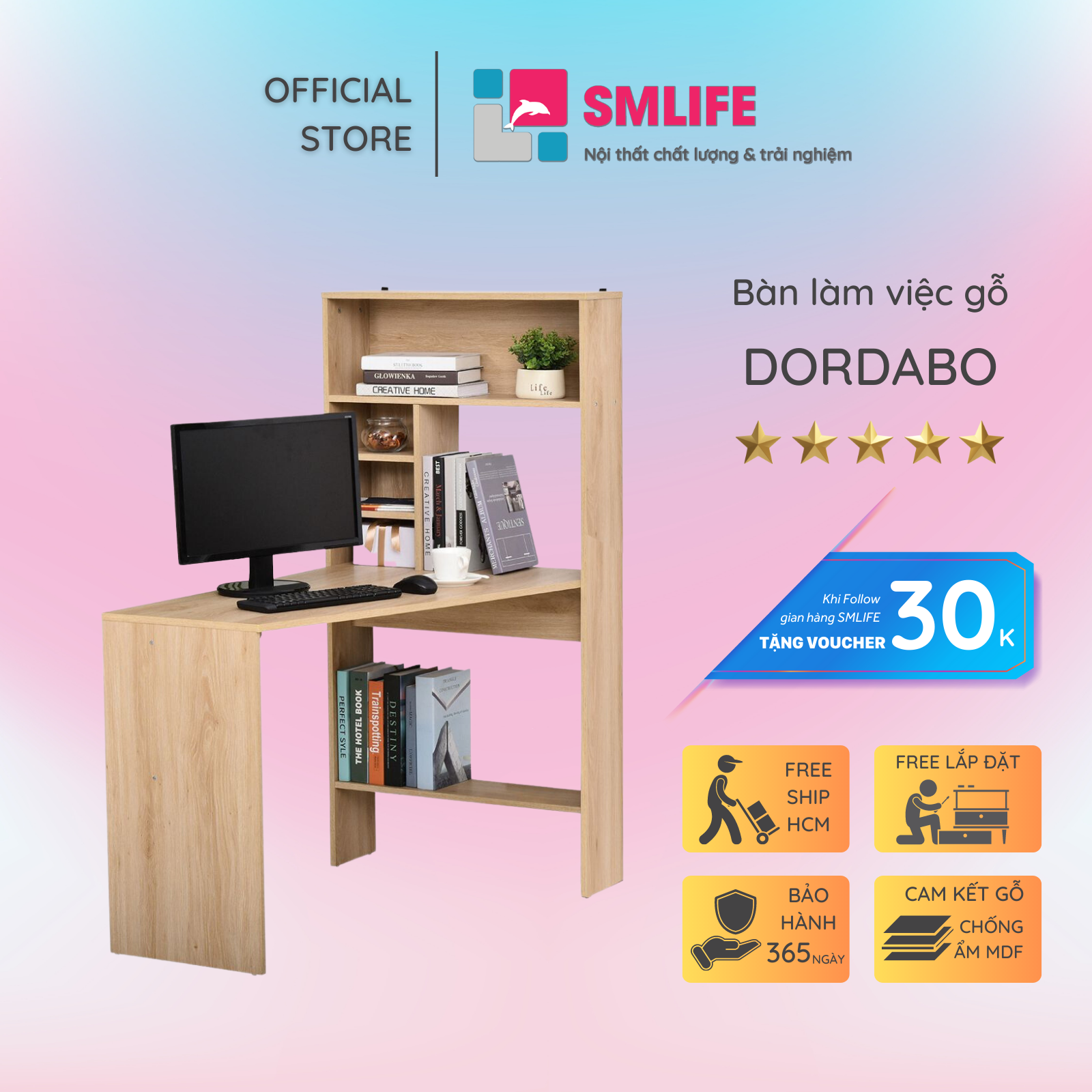 Bàn làm việc, bàn học gỗ hiện đại SMLIFE Dordabo | Gỗ MDF dày 17mm chống ẩm | D120xR70xC140cm