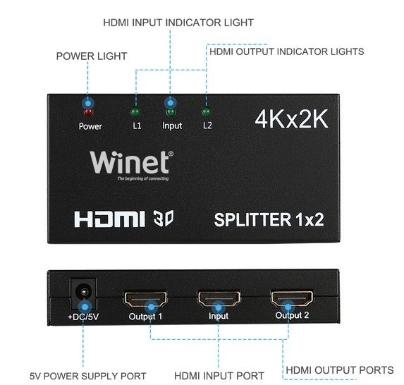 Bộ chia HDMI 1 ra 2 HDCP, 4Kx2K WINET Hàng Chính Hãng