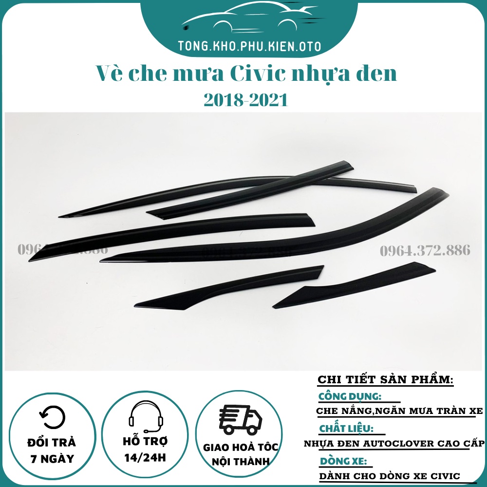 Vè che mưa xe Honda Civic 2018-2021 Mẫu đen bóng 6 chi tiết chính hãng hàn quốc Auto Clover