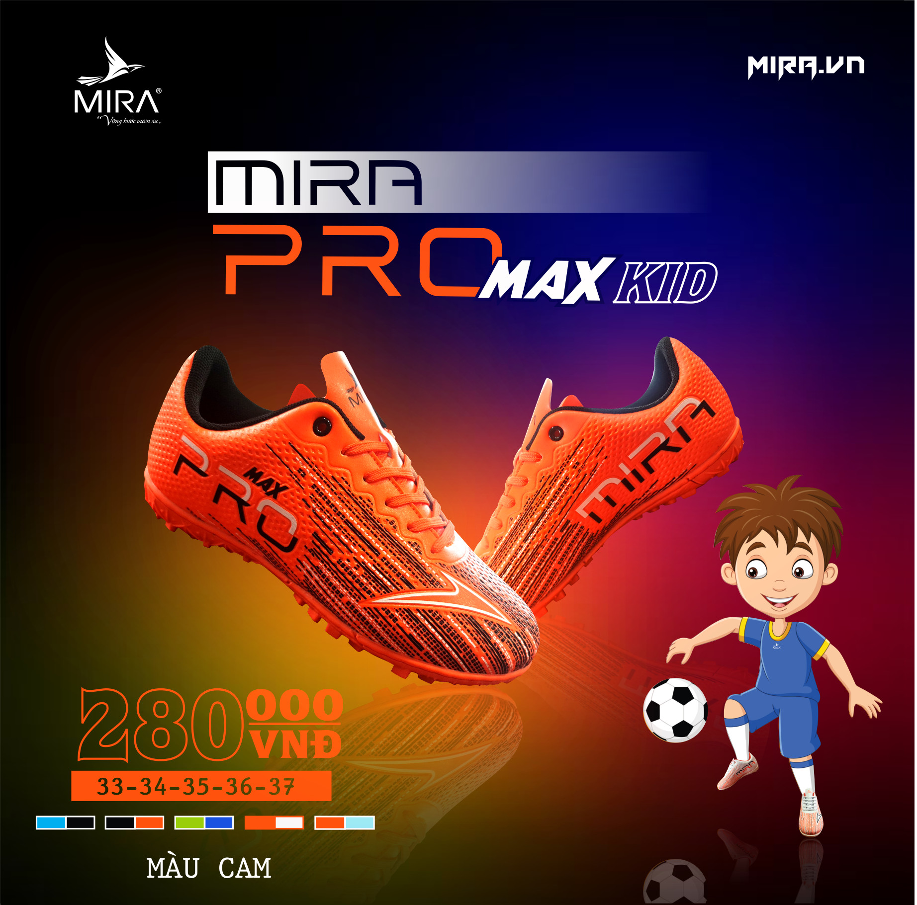 GIÀY ĐÁ BÓNG TRẺ EM MIRA PRO MAX ĐẾ CAO SU TF SÂN CỎ NHÂN TẠO