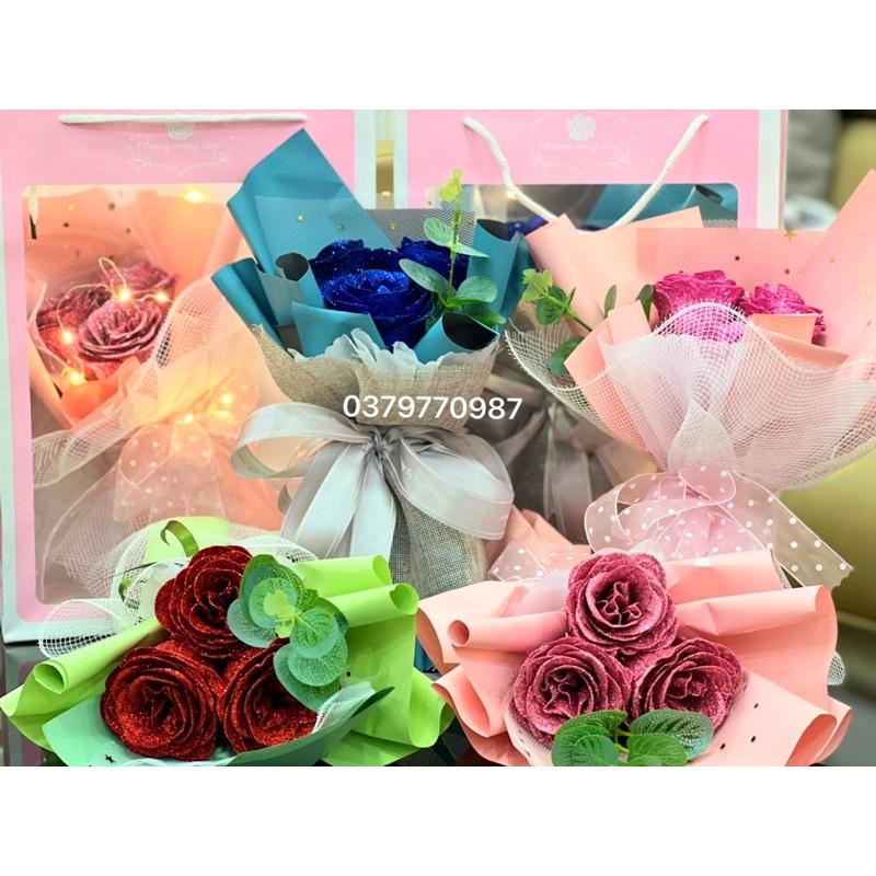 Bó hoa nhũ 3 bông kèm túi. Tặng thiệp chúc mừng, đèn led trang trí