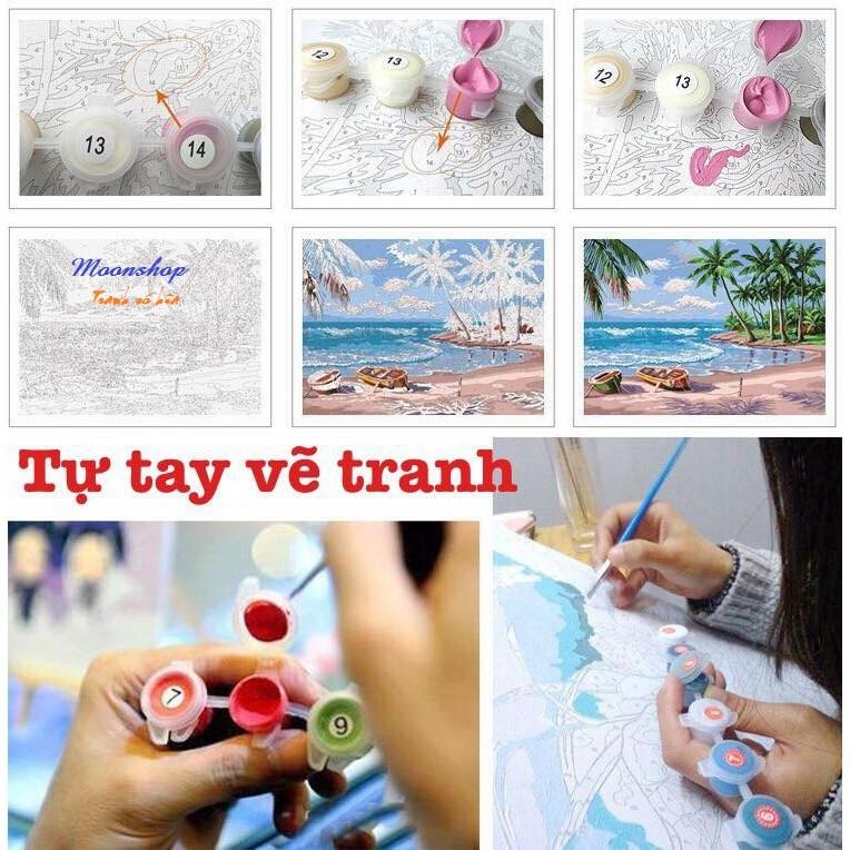 Tranh sơn dầu số hóa rẻ,đẹp-tranh tô màu theo số- tranh biển nhiều màu, Tặng khăn,khung gỗ 40x50-Moonshop-T1