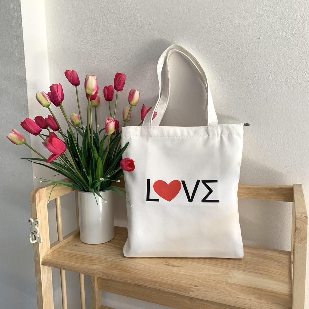 (New) TÚI TOTE VẢI CANVAS IN CHỮ + BIỂU TƯỢNG CÓ KHOÁ KÉO MIÊNG TÚI, TÚI PHỤ