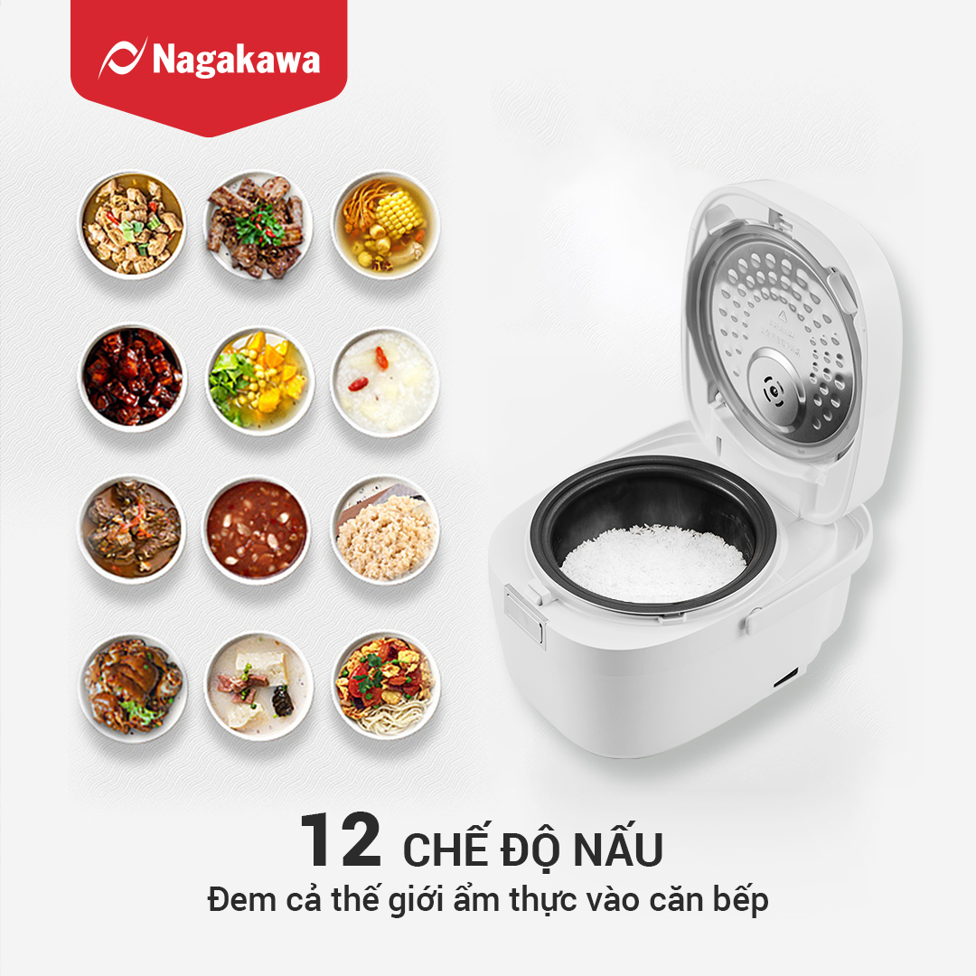 Nồi cơm điện cao tần Nagakawa NAG0140 (1.2L) - 12 chế độ nấu - Giảm tinh bột - Hàng chính hãng