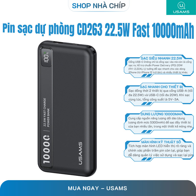 Pin sạc dự phòng Usams CD263 22.5W Fast Charging Power Bank 10000mAh - Hàng Chính Hãng