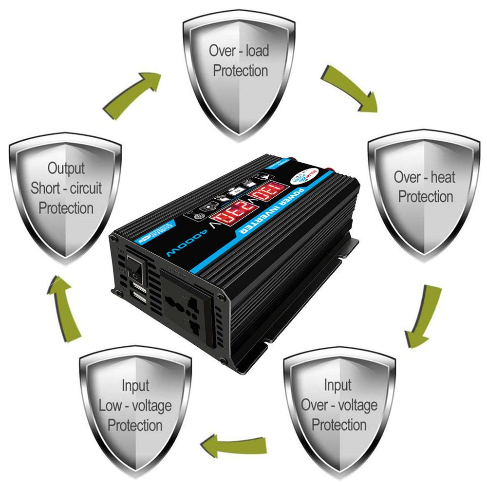 4000W Intelligent Digital Car Inverter 2 USB Output Ports Modified Sine-wave Converter with LED Display