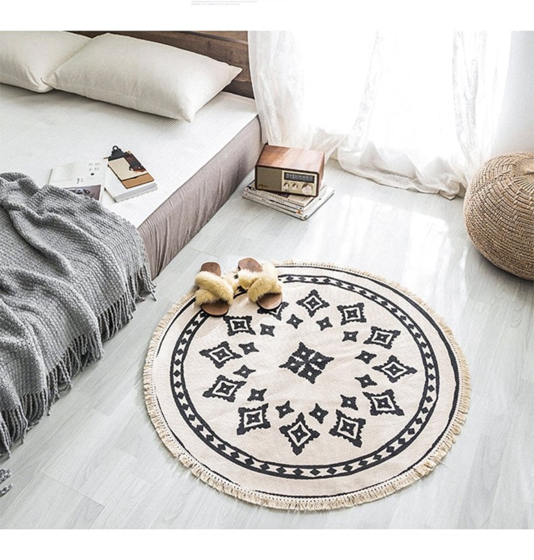 Thảm Tròn Cotton Tua Rua Thổ Cẩm Phong Cách Bắc Âu đường kính 120cm