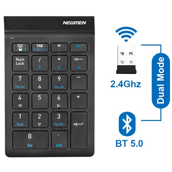 Bàn phím số không dây Newmen TK-029S (Bluetooth + Wireless 2.4G ) - Hàng Chính Hãng