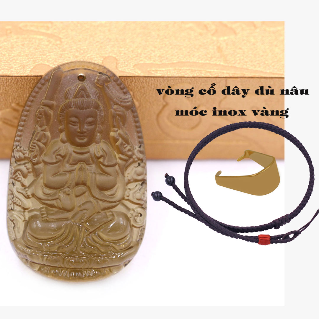 Mặt Phật Thiên thủ thiên nhãn đá obsidian  5 cm kèm vòng cổ dây dù nâu - mặt dây chuyền size lớn - size L, Mặt Phật bản mệnh