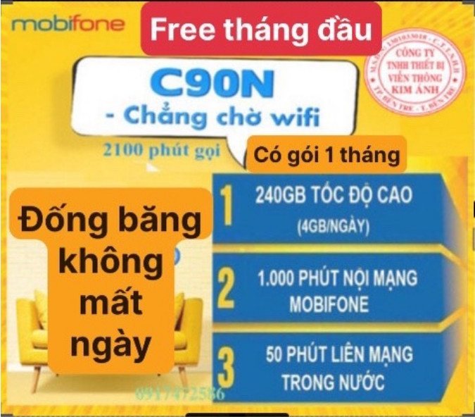 Free tháng đầu- SIM 4G MOBIFONE C90N ƯU ĐÃI 120 GB/THÁNG + 1000 phút gọi nội mạng + 50 phút liên mạng- Hàng chính hãng