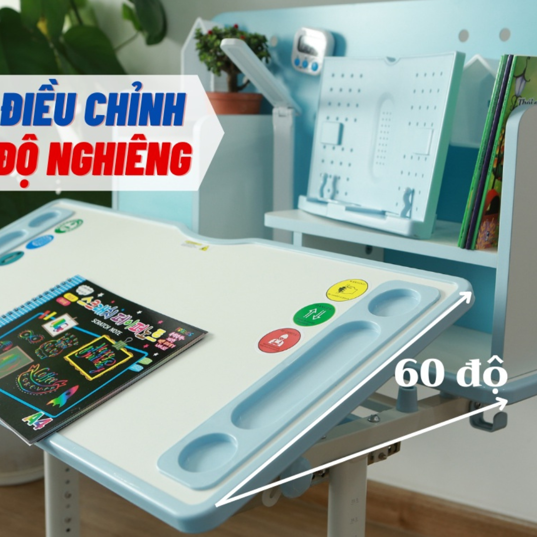 bàn ghế học sinh có giá sách, bộ bàn học chống gù thông minh kèm kệ sách cho trẻ em điều chỉnh nâng hạ độ cao A16