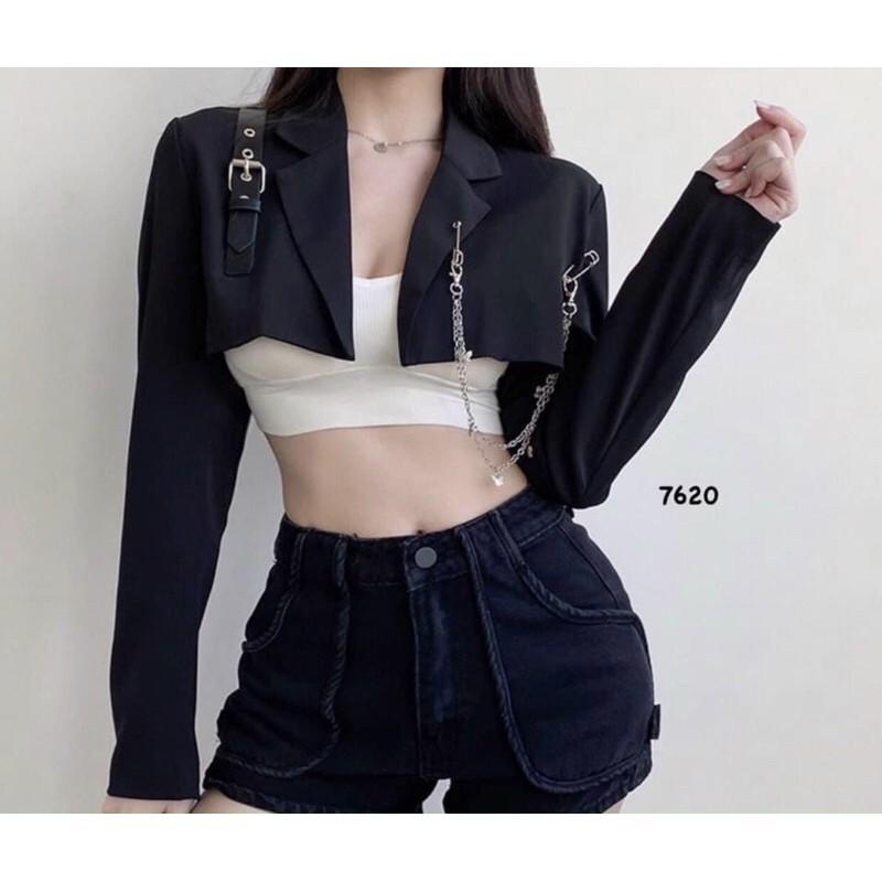 Áo khoác vest nữ form lững phối xích croptop chất vải Tuyết Mưa FreeSize dưới 52kg