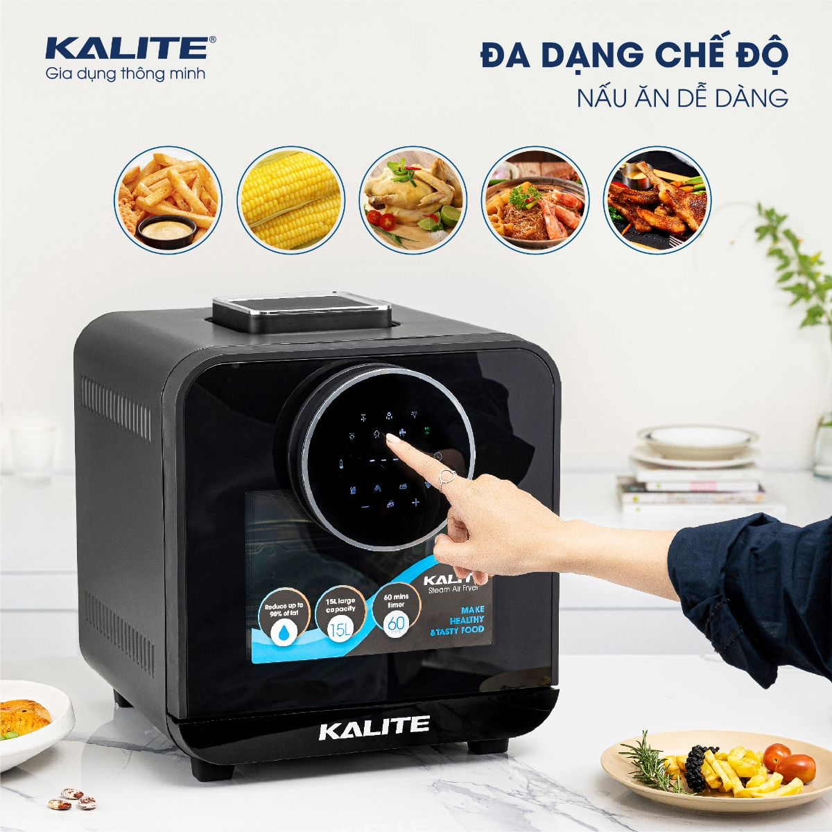 Nồi chiên hơi nước KALITE STEAM STAR dung tích 15L, chức năng chiên hấp 2in1, phụ kiện chống dính, cửa kính cường lực, hàng chính hãng