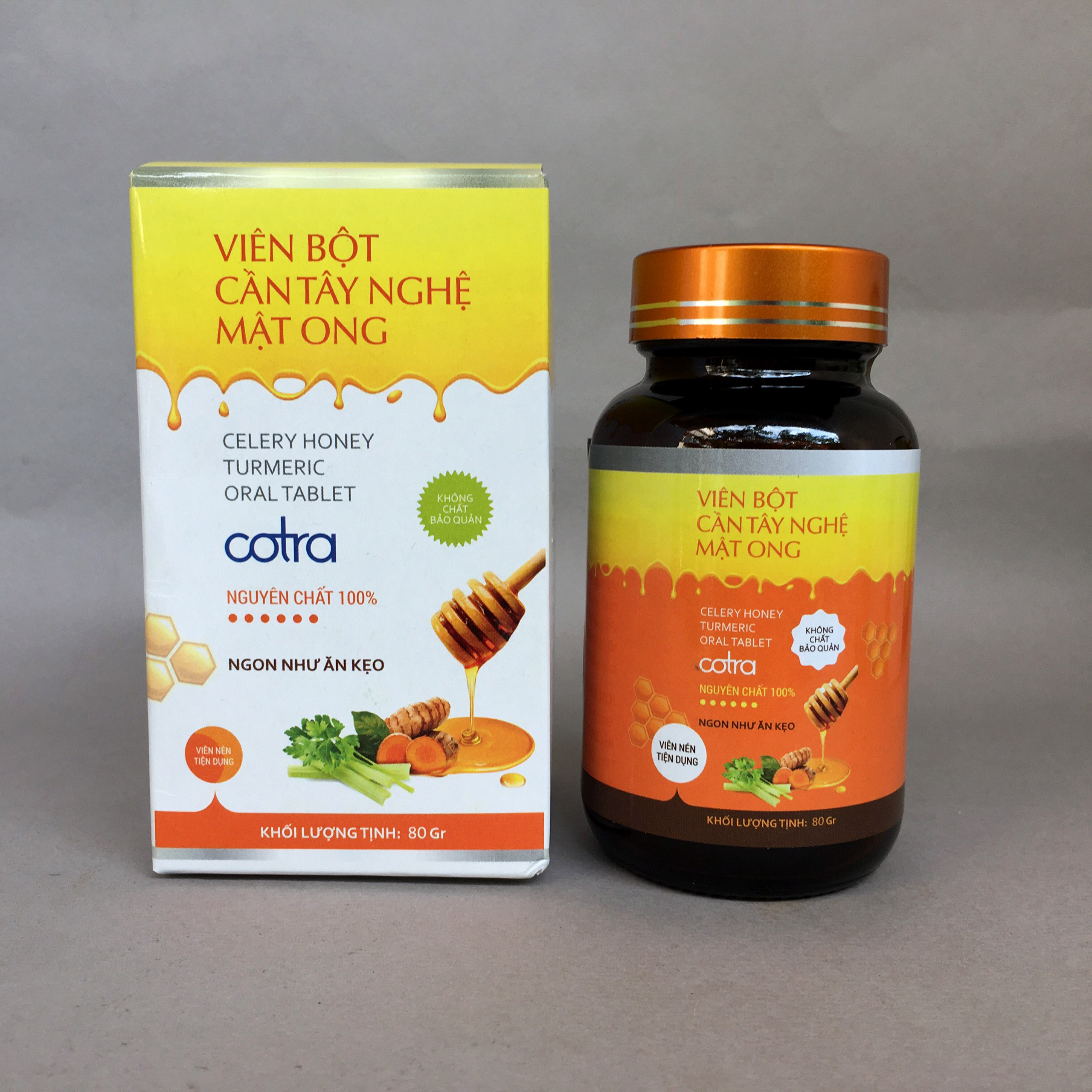 Viên bột cần tây nghệ mật ong sấy lạnh nguyên chất Cotra (Hộp 50g, Hộp 80g) giúp giảm cân, làm trắng và tái tạo da từ bên trong, ngăn ngừa và hỗ trợ bệnh dạ dày